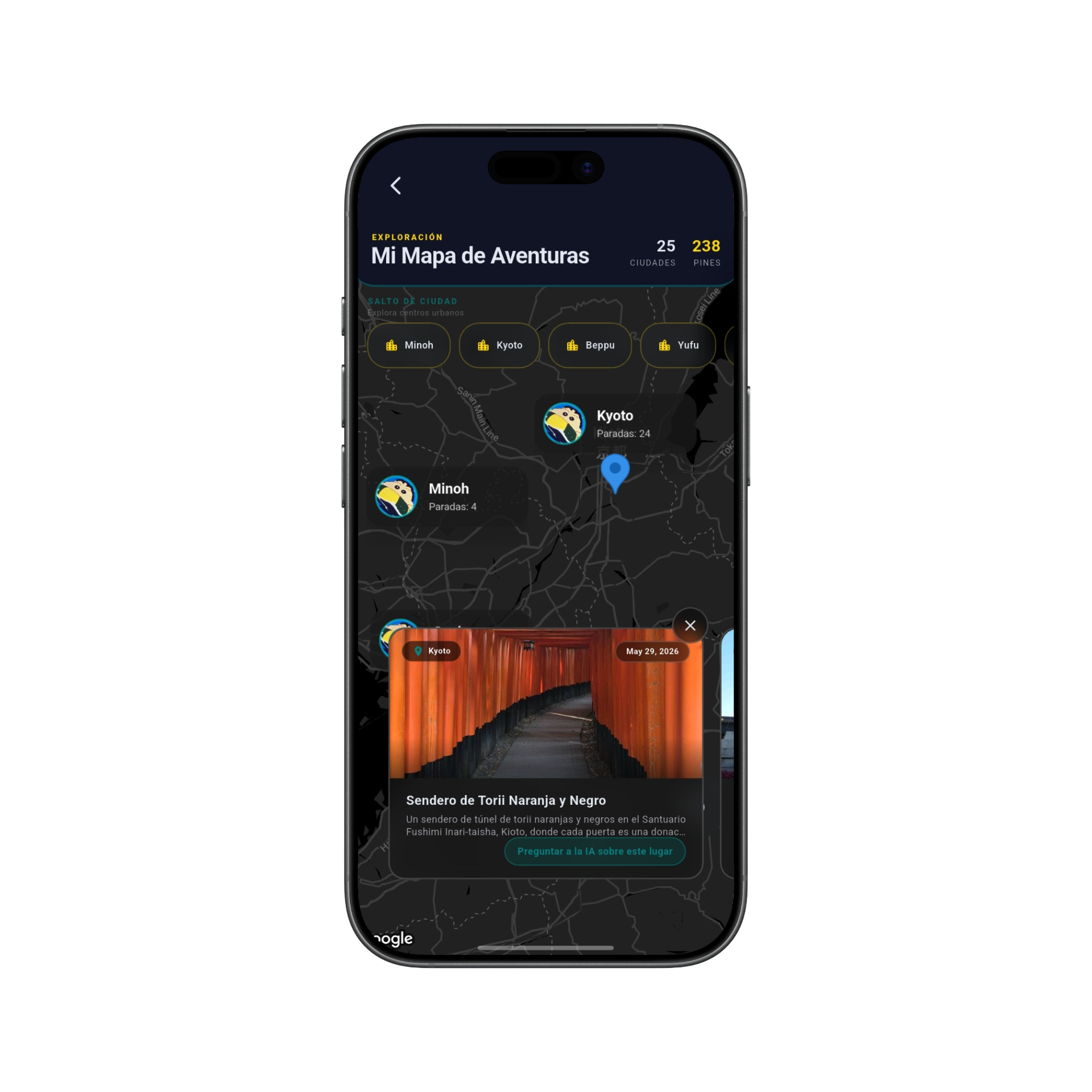 Map of your captured discoveries, synced to the photo carousel